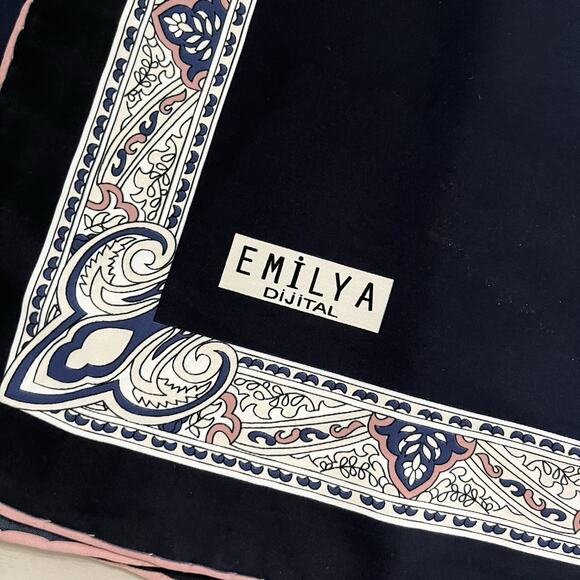 EMILYA Silk Scarf Geometric Floral Rolled Hem Navy Blue Purple NWT 40x41” - Picture 9 of 13